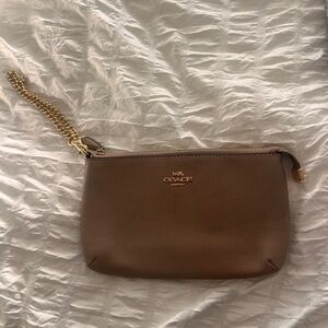 Coach Tan Leather Wristlet with Gold Chain